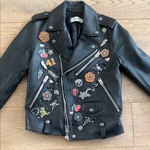 COACH Black Leather Moto  Jacket with Pins